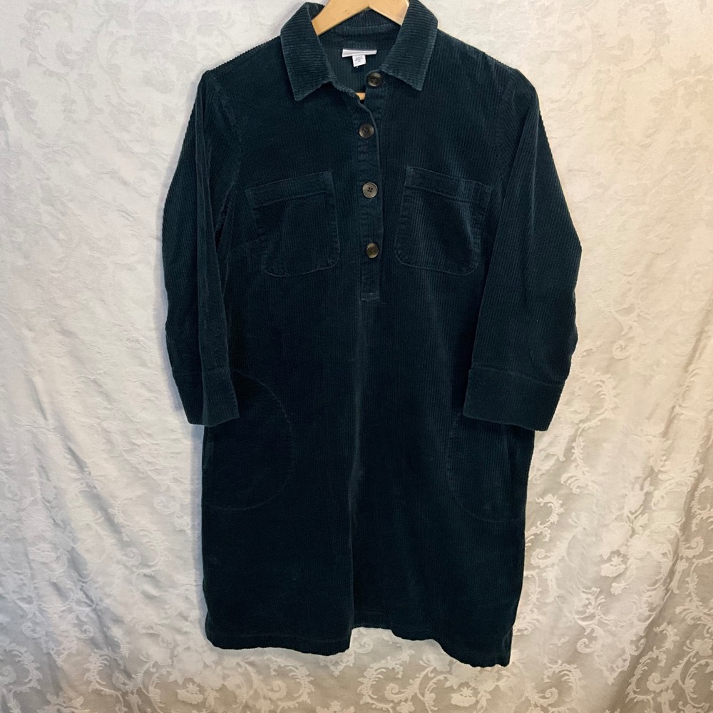 J Jill Dark Teal Corduroy Shirt Dress Button Front‎ Pockets Midi Length Size XS